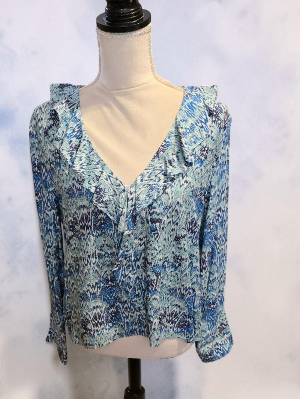 Zara Blue, Turquoise, White and Black V‎ Neckline Long Sleeve Blouse with Ruffle